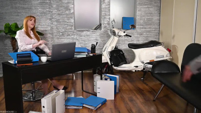 Stressed out redhead CEO relaxes in the office with an employee