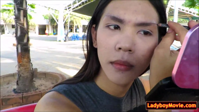 Ladyboy jerks off in public toilet