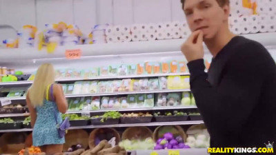 Blonde female fucks with stranger in supermarket