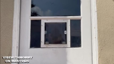 Curly stuck in the cat flap fucked by her boyfriend